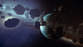 Planet with city lights and a ring system.
